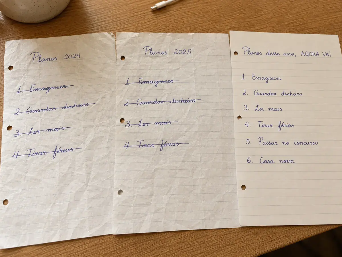Três listas de planos escritas à mão, de anos diferentes, com os mesmos itens riscados repetindo