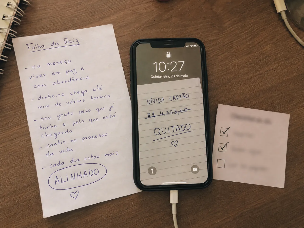 Folha da Raiz preenchida à mão, celular com a tela de bloqueio personalizada e o checklist marcado, lado a lado sobre a mesa