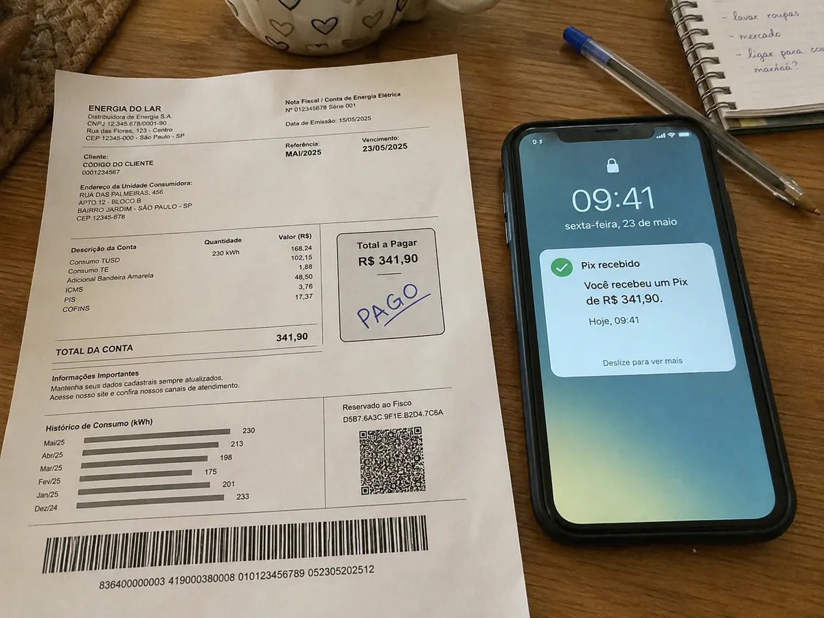 Conta doméstica quitada sobre a mesa, ao lado de um celular e de um caderno de anotações